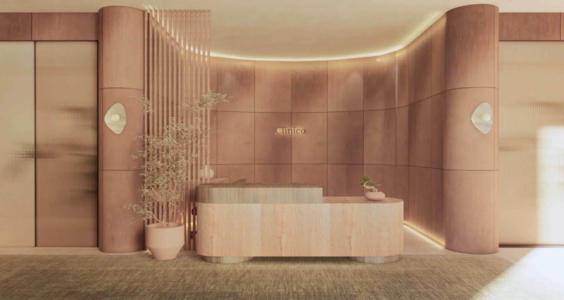 Entrance and reception of a calm, timber-lined Clinico consulting suite